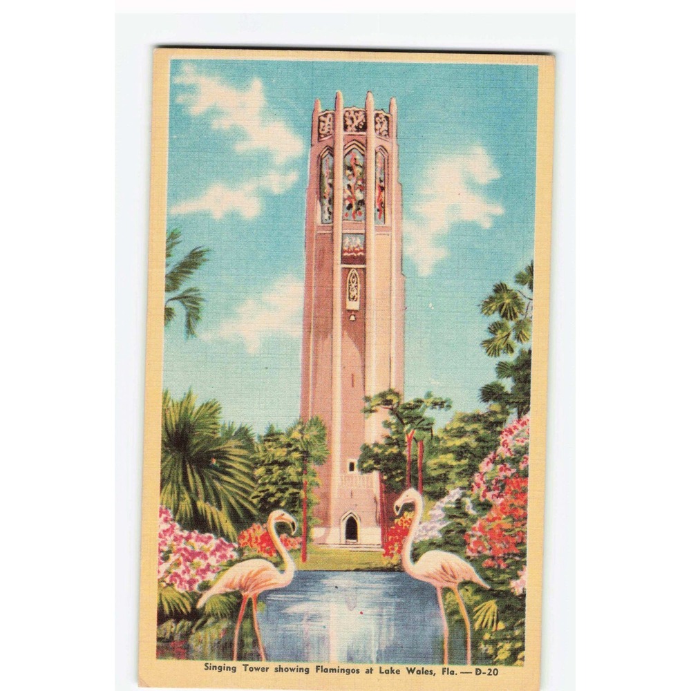 Vintage 1946 Singing Tower Flamingos Lake Wales Florida Linen Postcard D-20